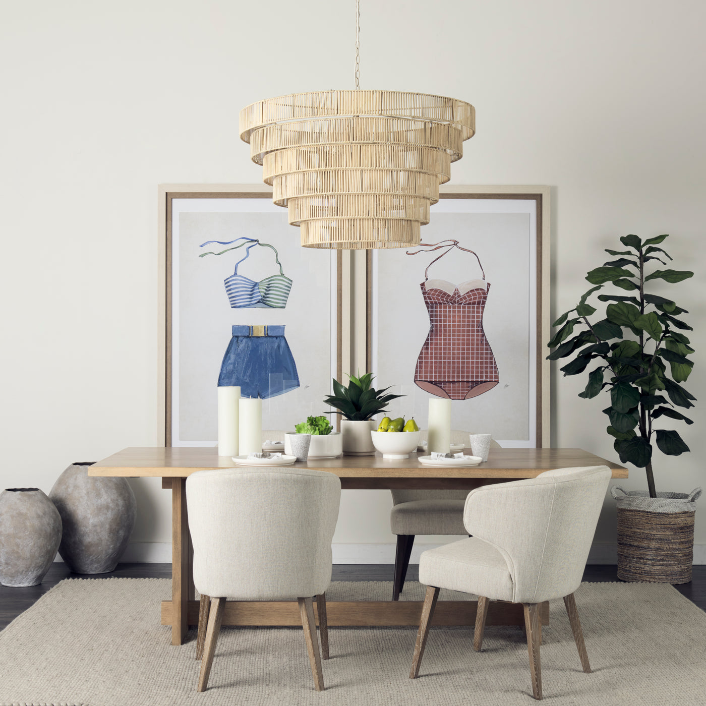 Dining room with wooden table, chairs, and decorative elements.