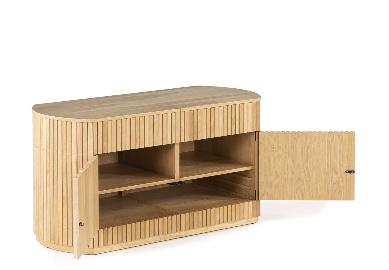 Wooden TV stand with open drawer on a white background