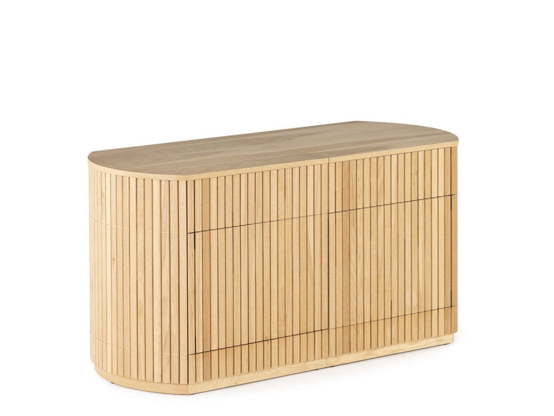 Wooden sideboard with wavy pattern on a white background