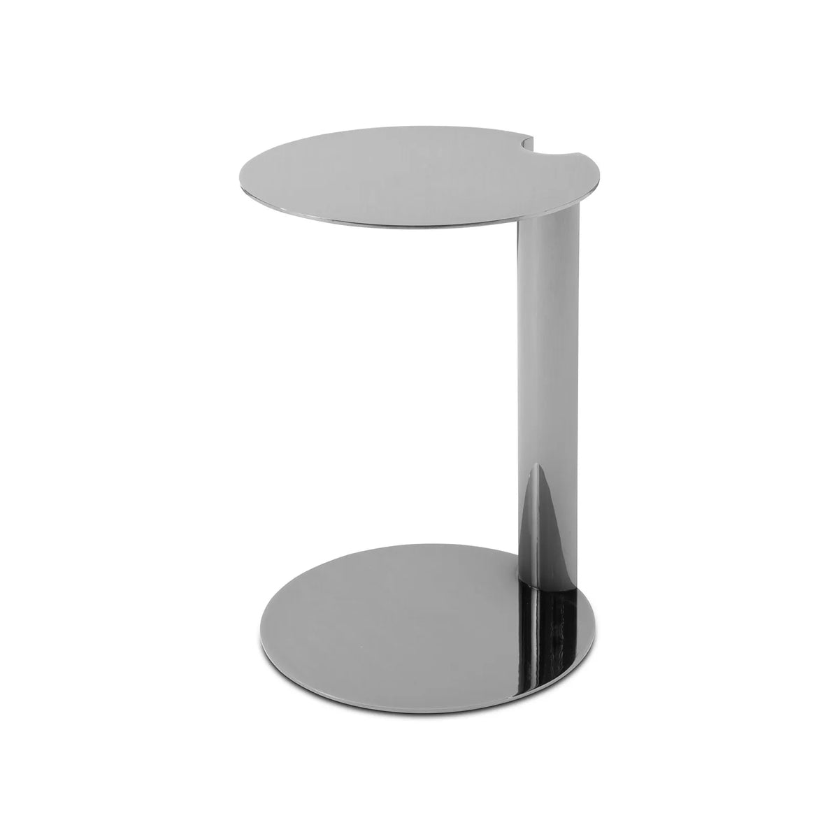 Modern side table with a round top and base on a white background