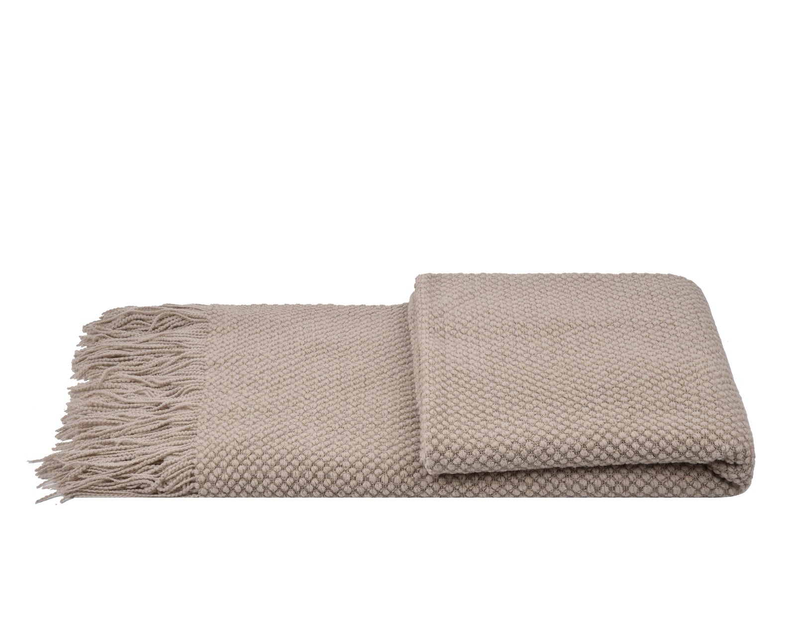 A folded beige woven throw blanket with fringed edges, shown on a white background