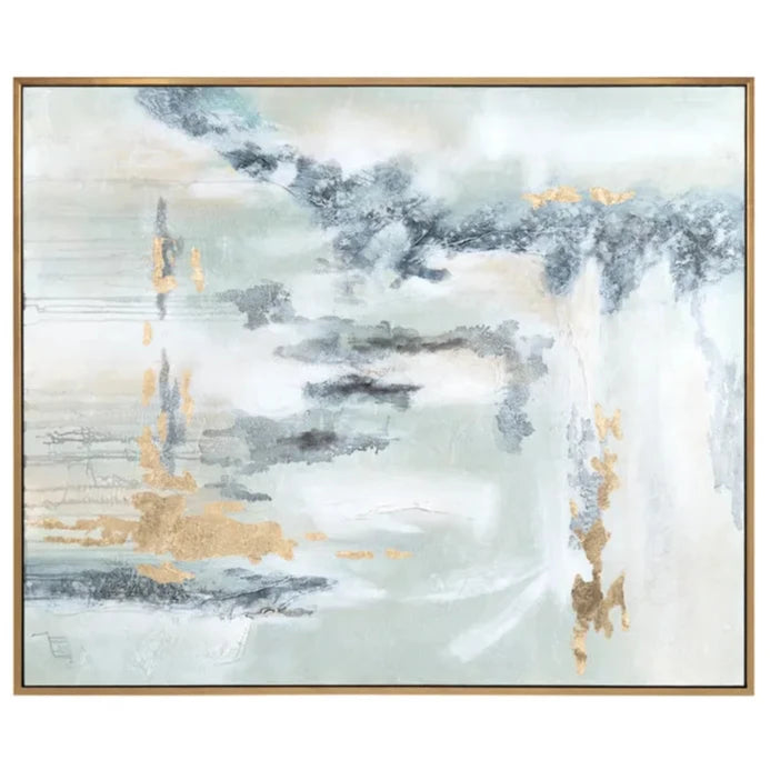 A framed abstract painting featuring shades of blue and white with gold accents, creating a serene ocean-like effect.