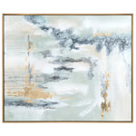 A framed abstract painting featuring shades of blue and white with gold accents, creating a serene ocean-like effect.