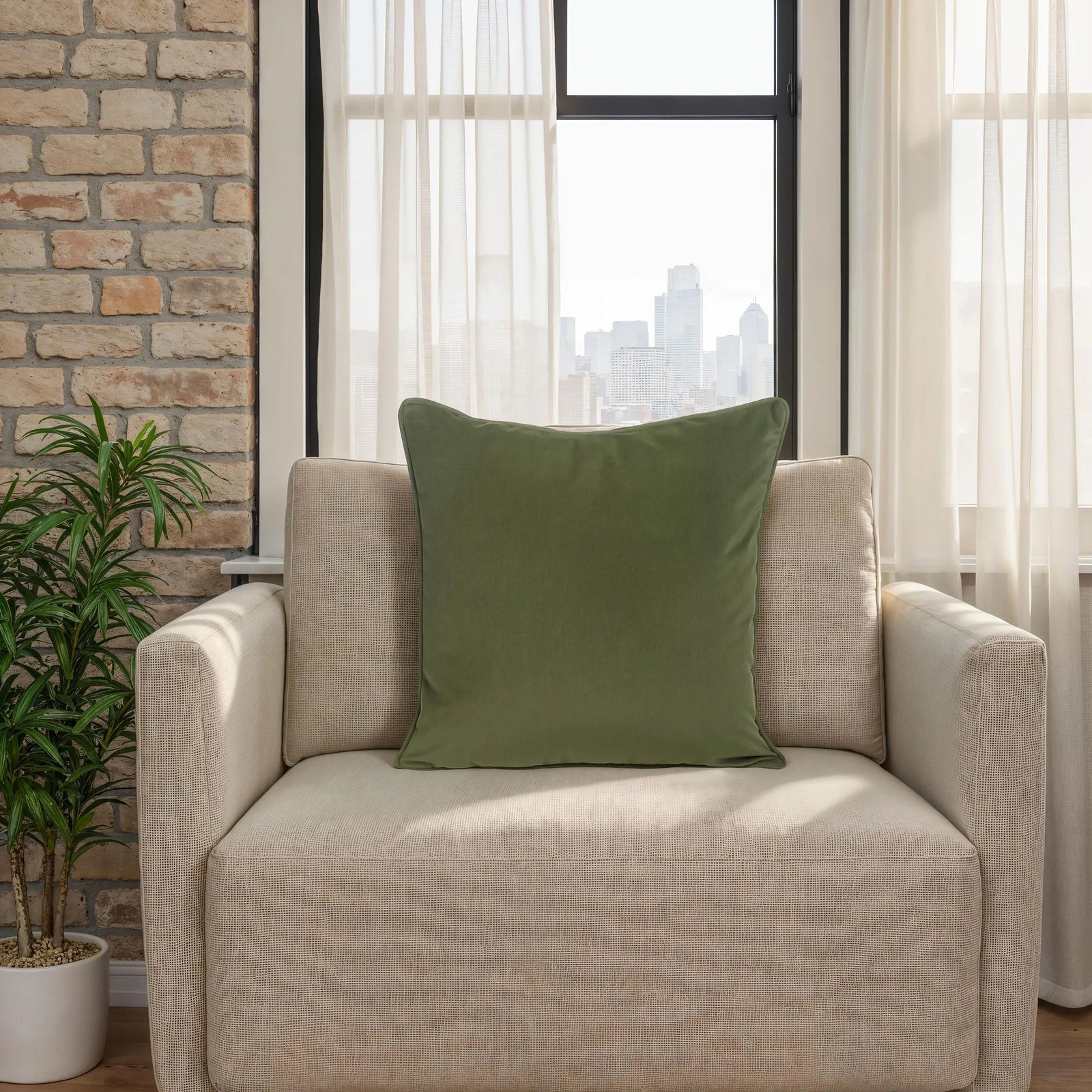Beige armchair with a green pillow in a room with a stone wall and large windows.