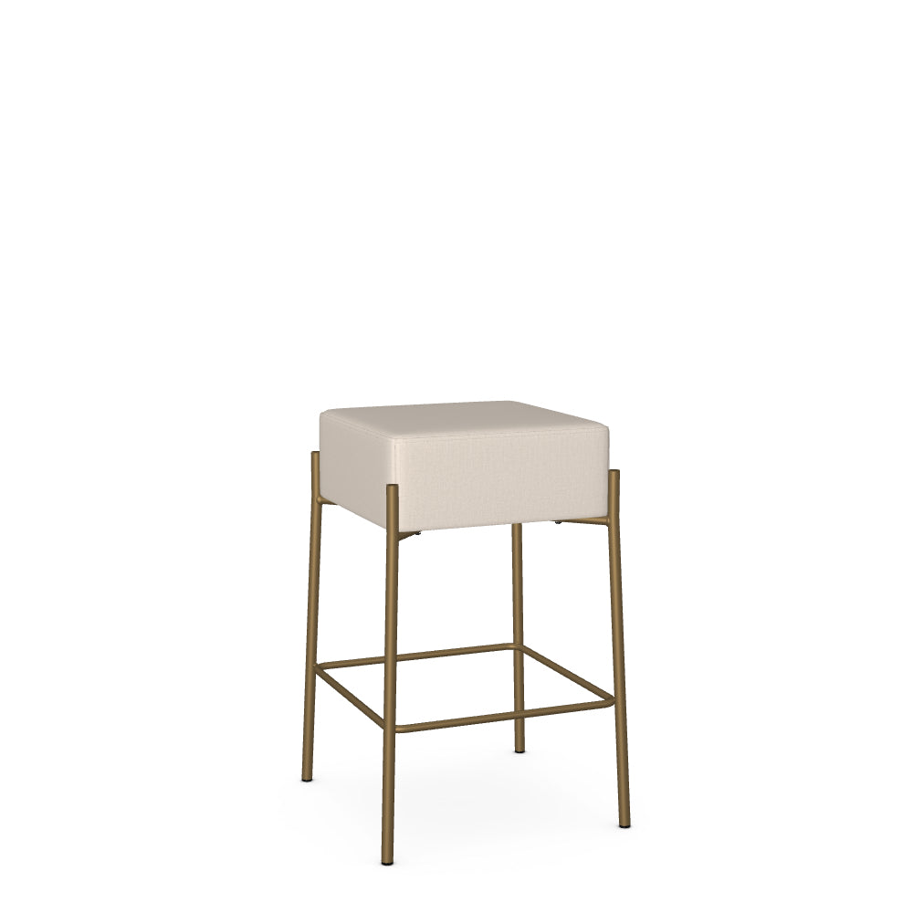 A counter stool with a beige upholstered seat and a brass-colored metal frame.