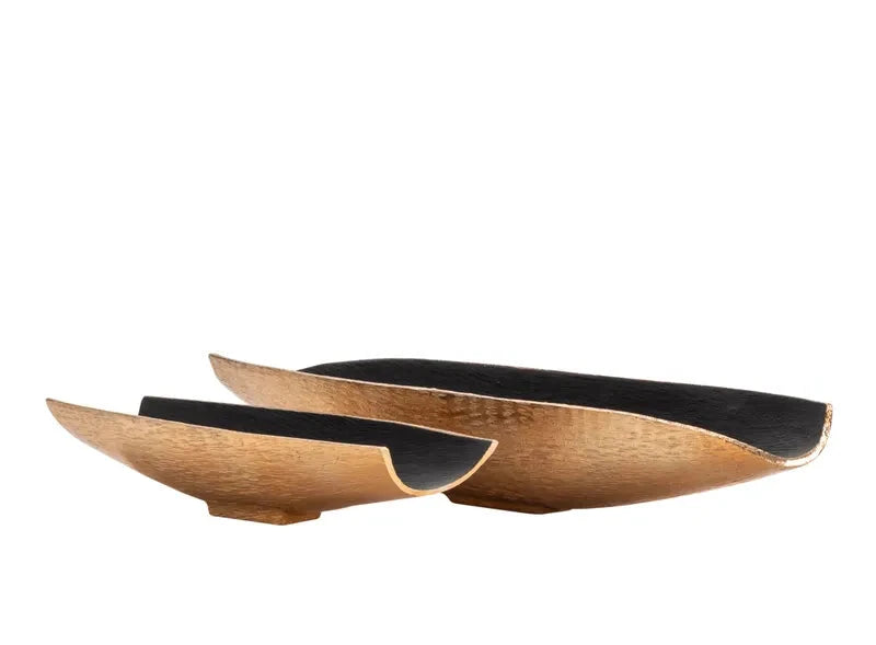 Two decorative bowls with a wood finish, one displayed in front of the other, against a white background.