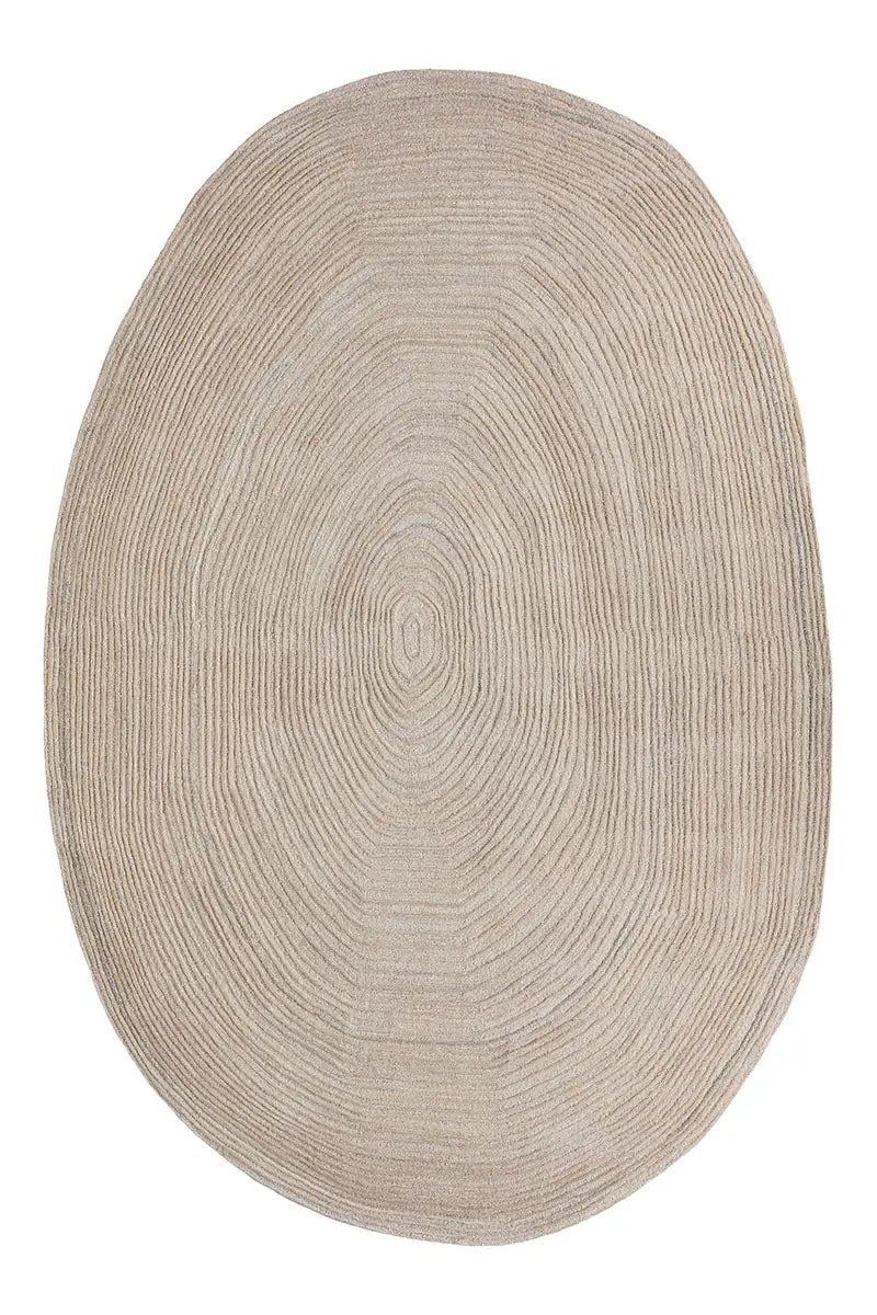 Round beige rug with concentric circle pattern on a white background