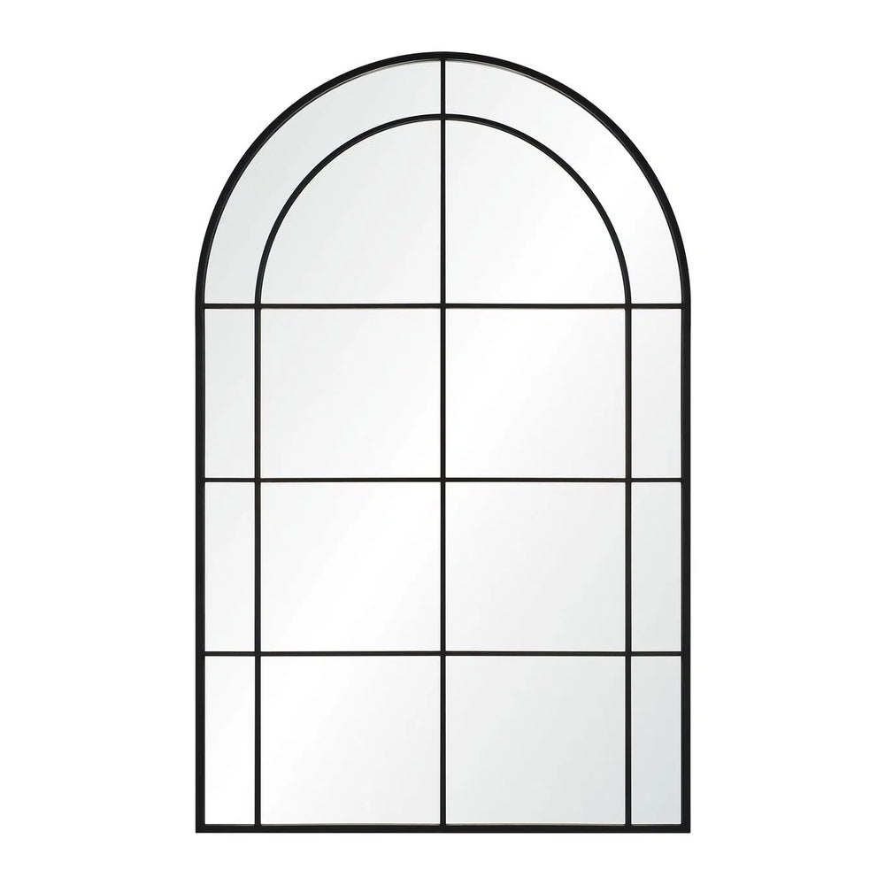 A large full-length mirror with an arched frame and grid-like iron details.