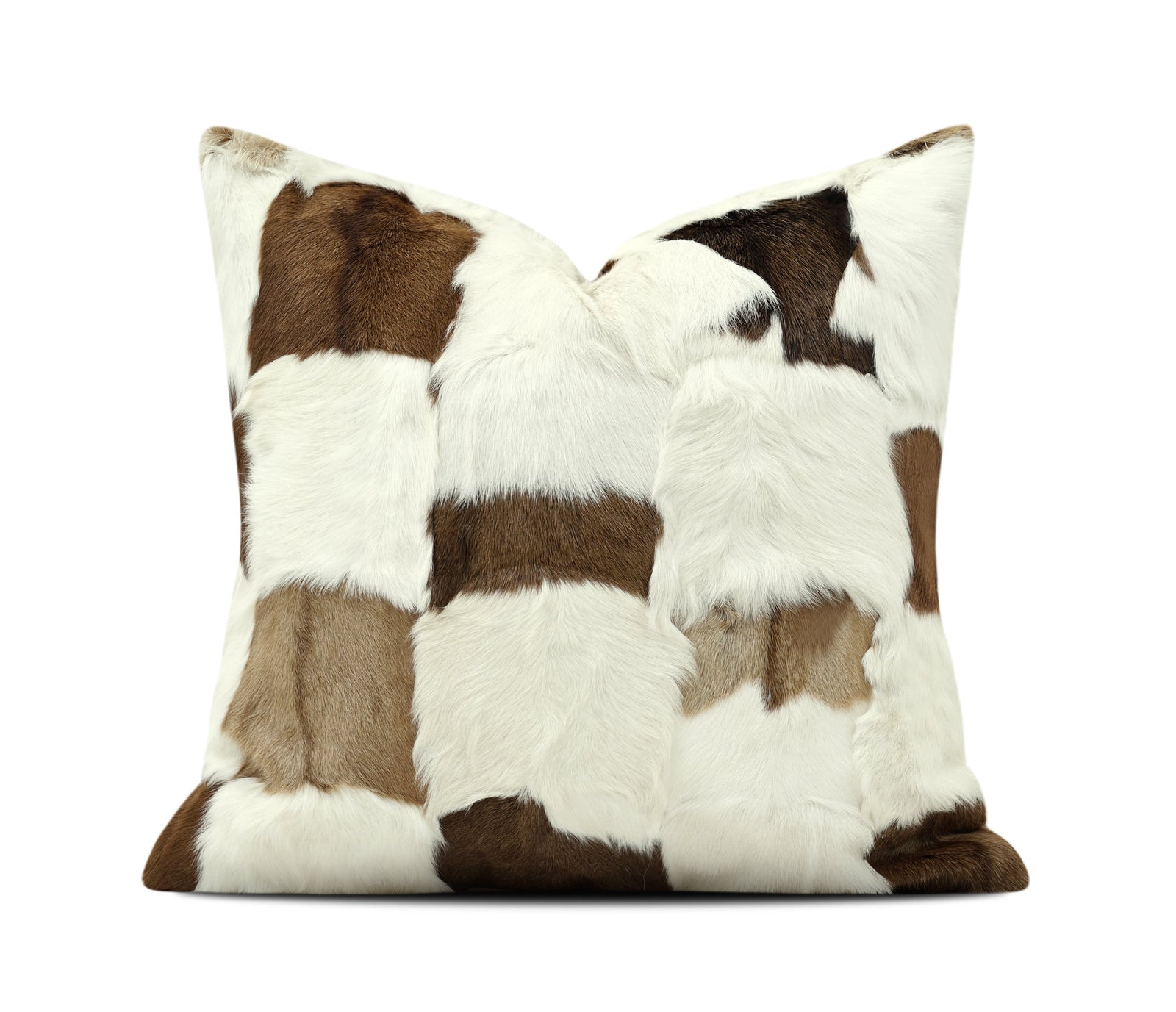 A square cowhide throw pillow with a brown and white patchwork pattern, shown against a plain white background with a brand watermark at the bottom.