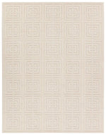 A beige area rug with a geometric pattern