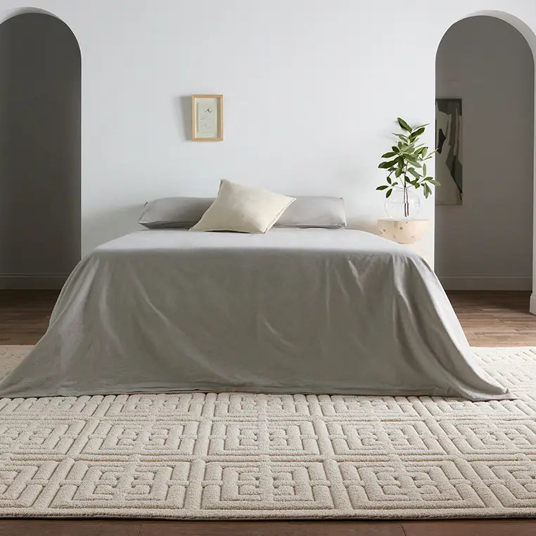 A beige area rug with a geometric pattern