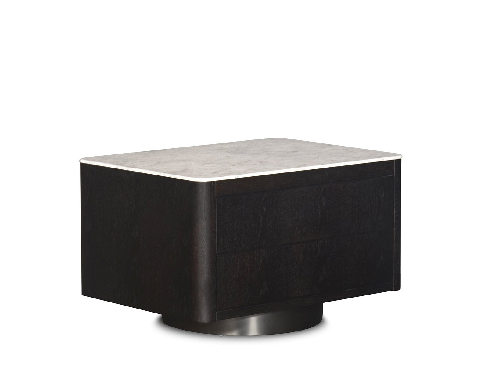 Black cube-shaped table with a white marble top on a white background