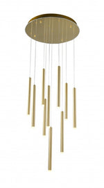 An LED chandelier with gold-colored metal parts and clear glass shades, designed for adjustable height.