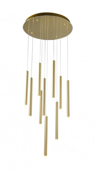 An LED chandelier with gold-colored metal parts and clear glass shades, designed for adjustable height.