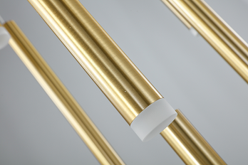 An LED chandelier with gold-colored metal parts and clear glass shades, designed for adjustable height.