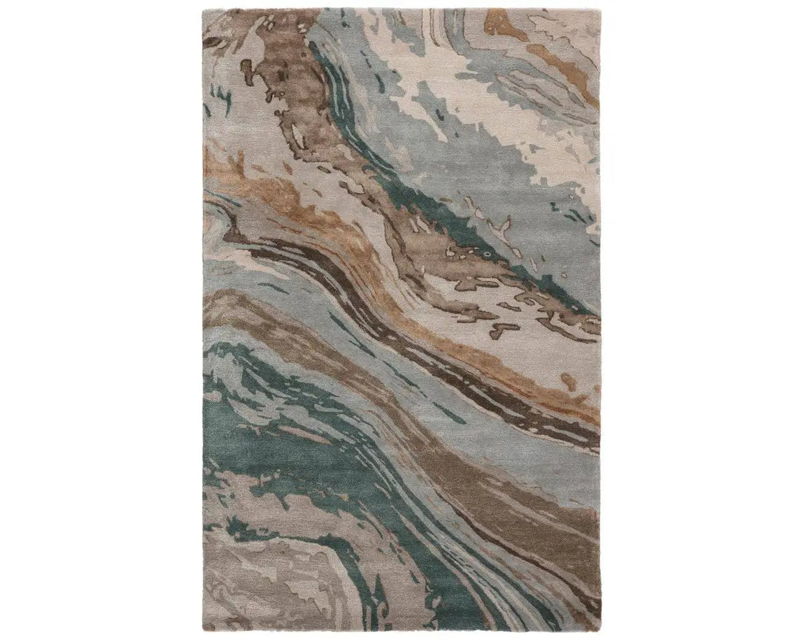 A rectangular area rug featuring a geometric pattern with shades of gray, blue, green, and brown.