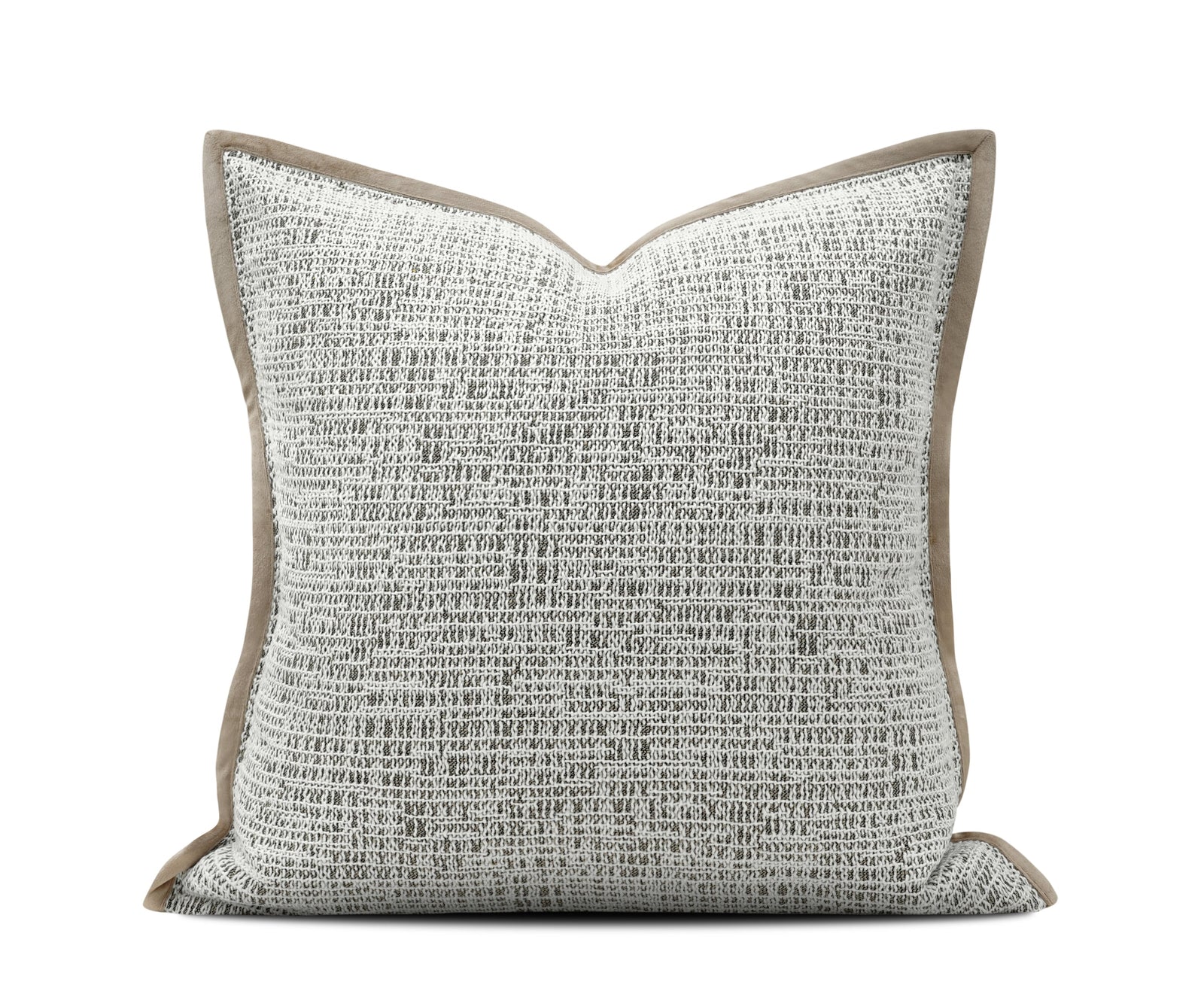 A square decorative throw pillow with a textured gray and white woven pattern and a solid taupe-brown border, shown on a white background 