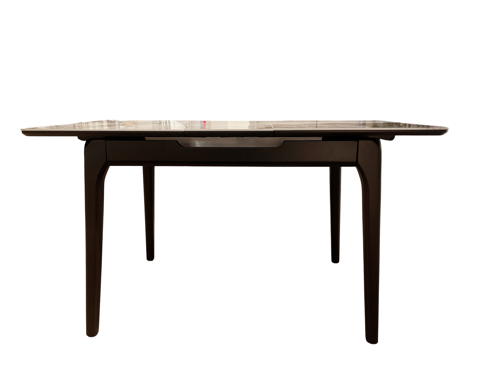 Dining table with marble-like surface and dark wooden legs on a white background