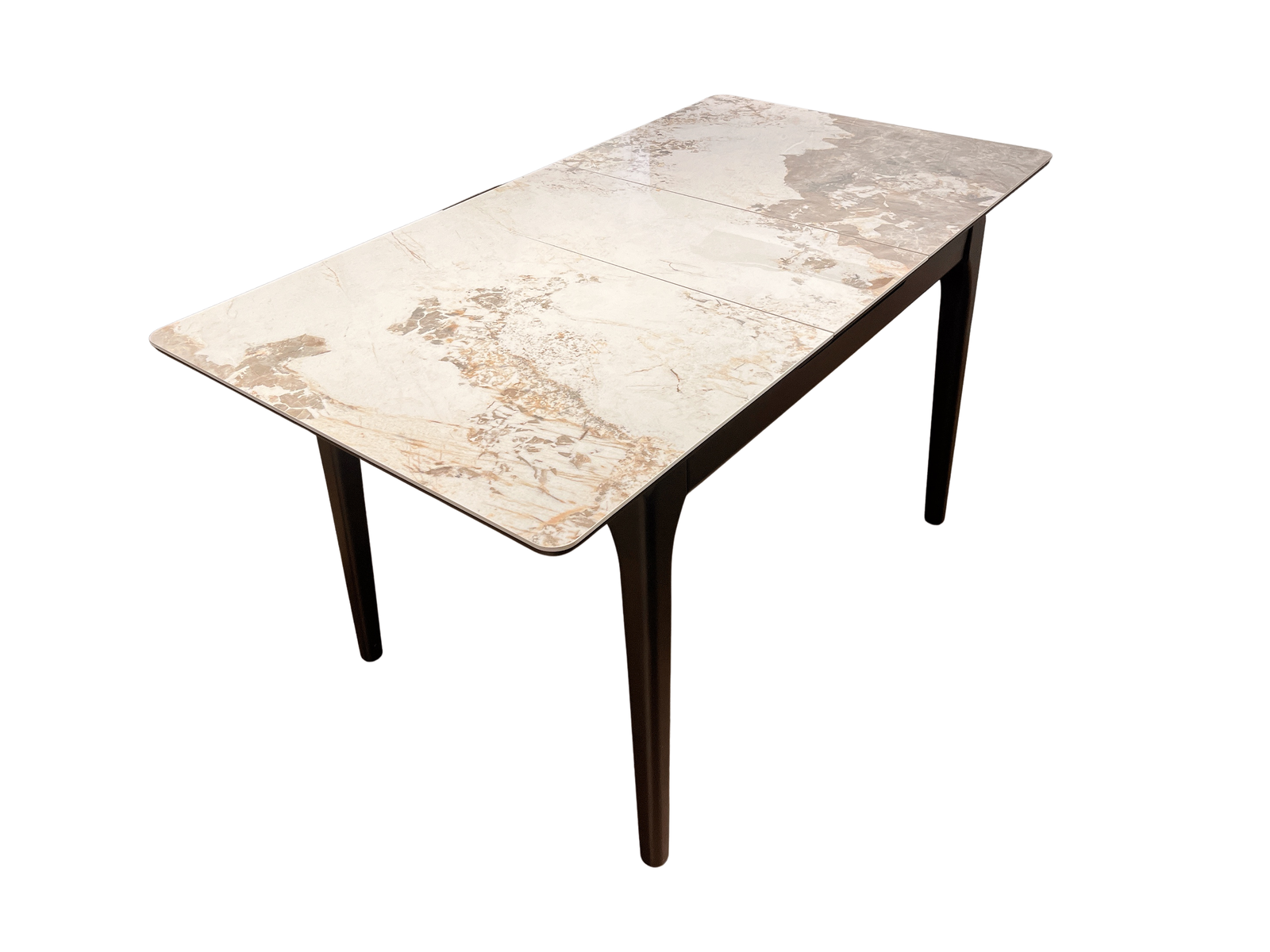 Dining table with marble-like top and dark wooden legs on a white background