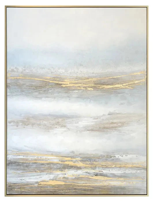 A framed abstract wall art featuring gold and gray tones with a minimalist design.