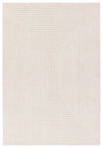 Beige area rug with a geometric pattern on a white background