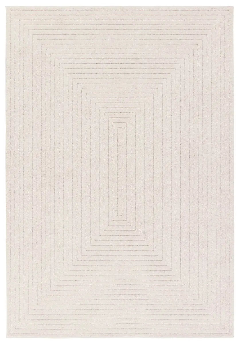Beige area rug with a geometric pattern on a white background