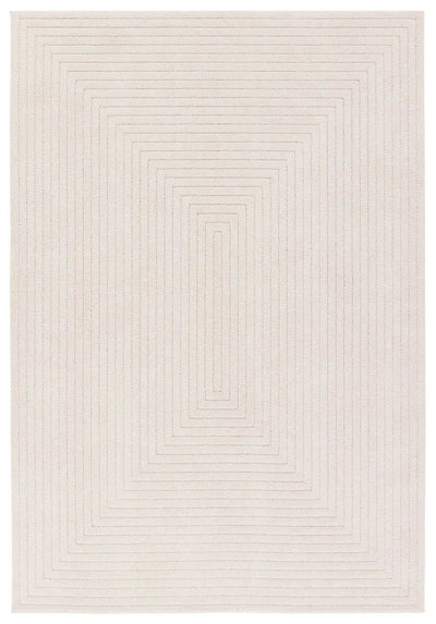 Beige area rug with a geometric pattern on a white background