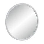 A round mirror with matt white frame with a white backgound