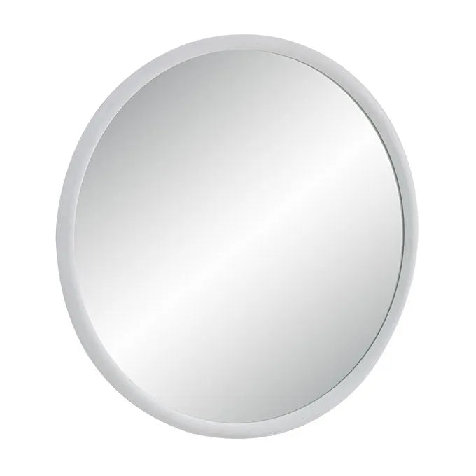 A round mirror with matt white frame with a white backgound