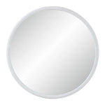 A round mirror with matt white frame with a white backgound