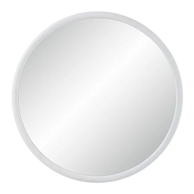 A round mirror with matt white frame with a white backgound