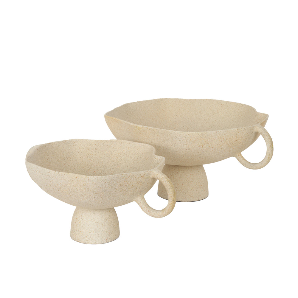 Two beige ceramic bowls with handles on a white background