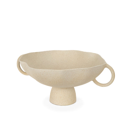 A beige ceramic bowls with handles on a white background