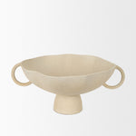 A beige ceramic bowls with handles on a white background