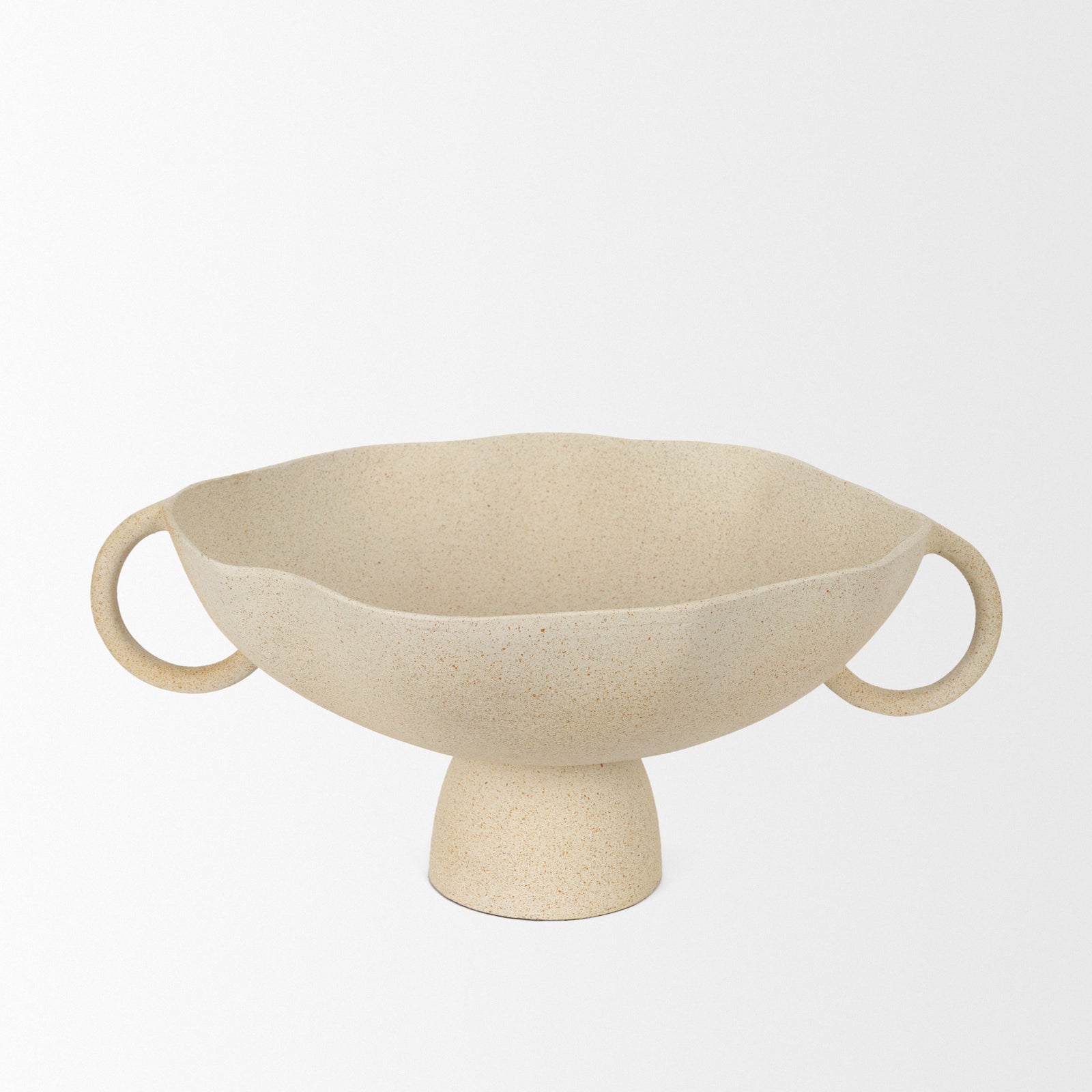 A beige ceramic bowls with handles on a white background