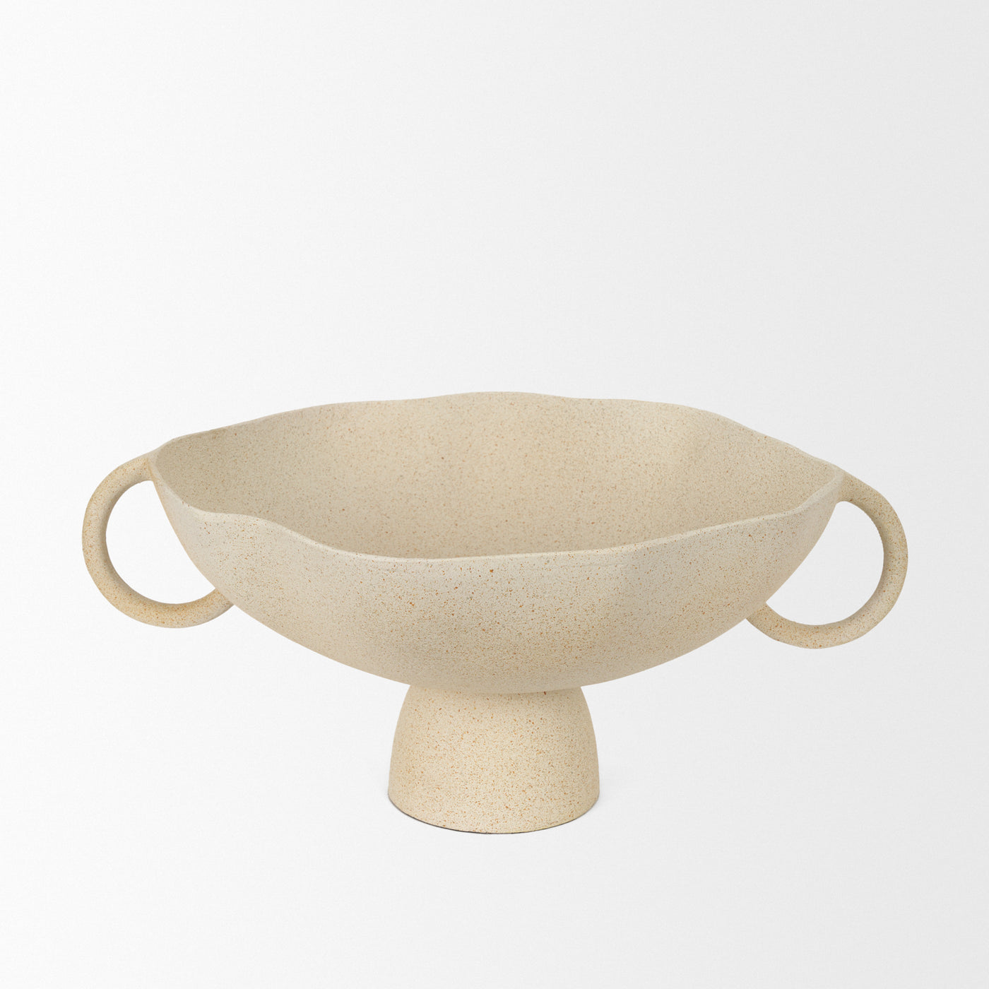 A beige ceramic bowls with handles on a white background