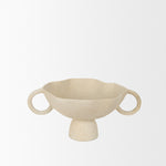 A beige ceramic bowls with handles on a white background