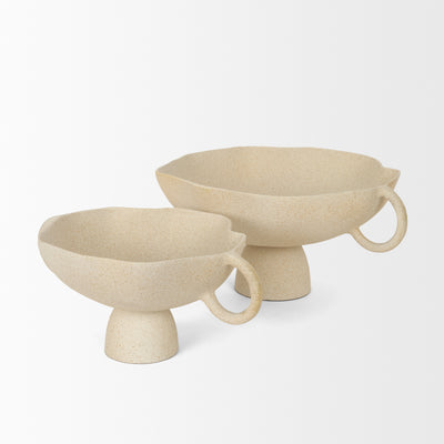Two beige ceramic pottery decor objects with a textured finish on a white background.