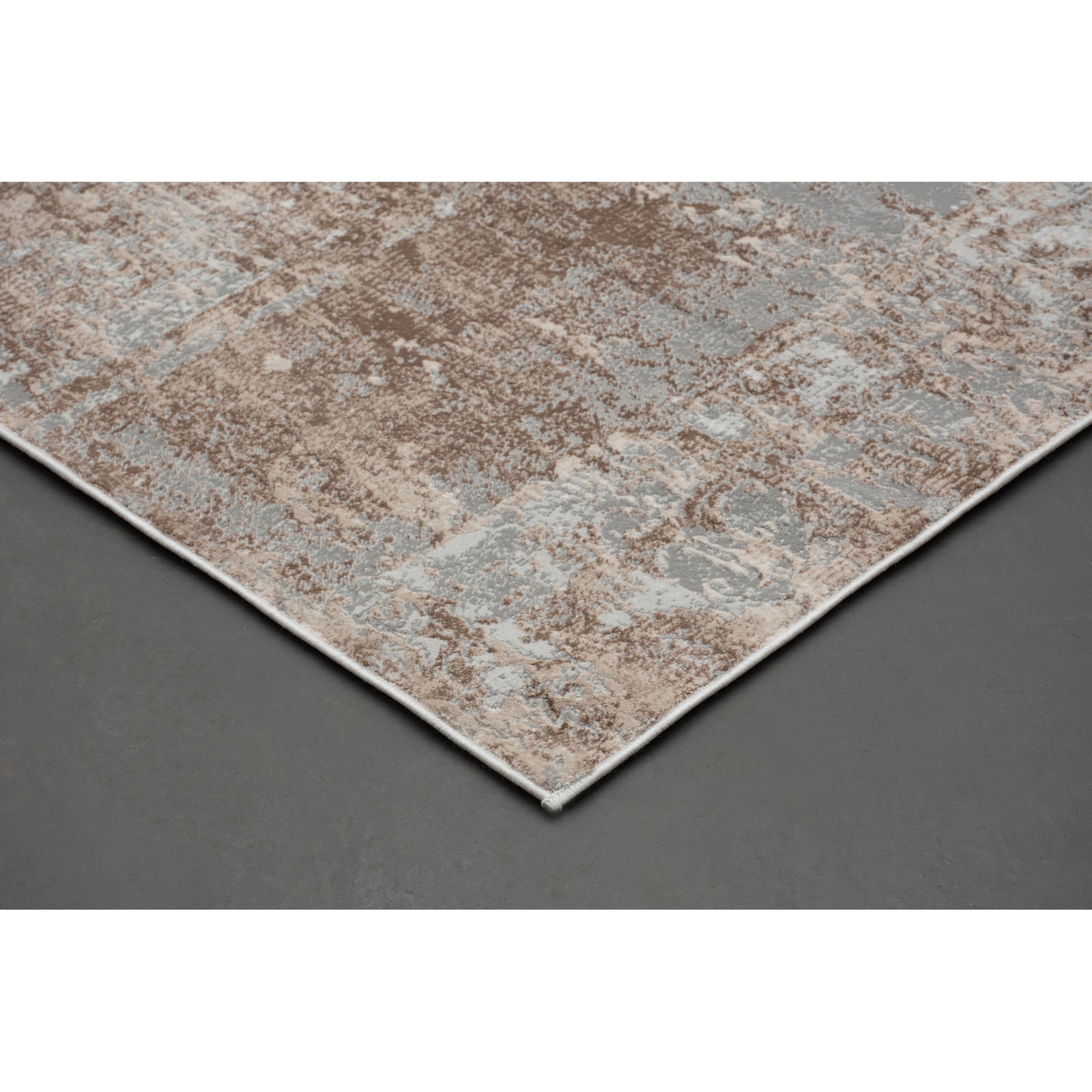 A rectangular area rug featuring a subtle pattern with muted brown and grey tones, suitable for contemporary living or bedroom spaces.