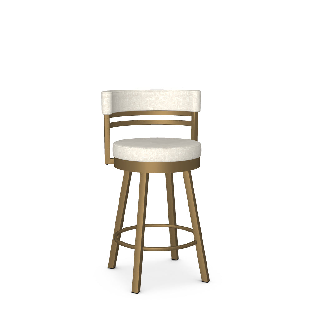 A beige upholstered counter stool with a metal frame and a circular seat.