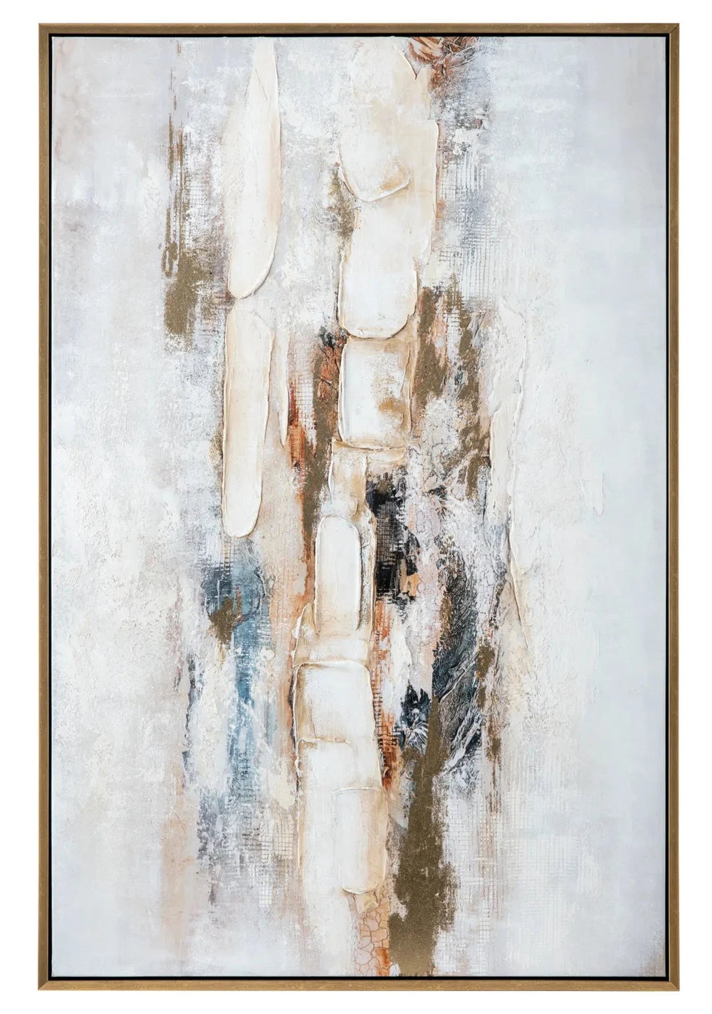 Hand painted abstract wall art/painting with gold accents, framed and displayed against a white background.