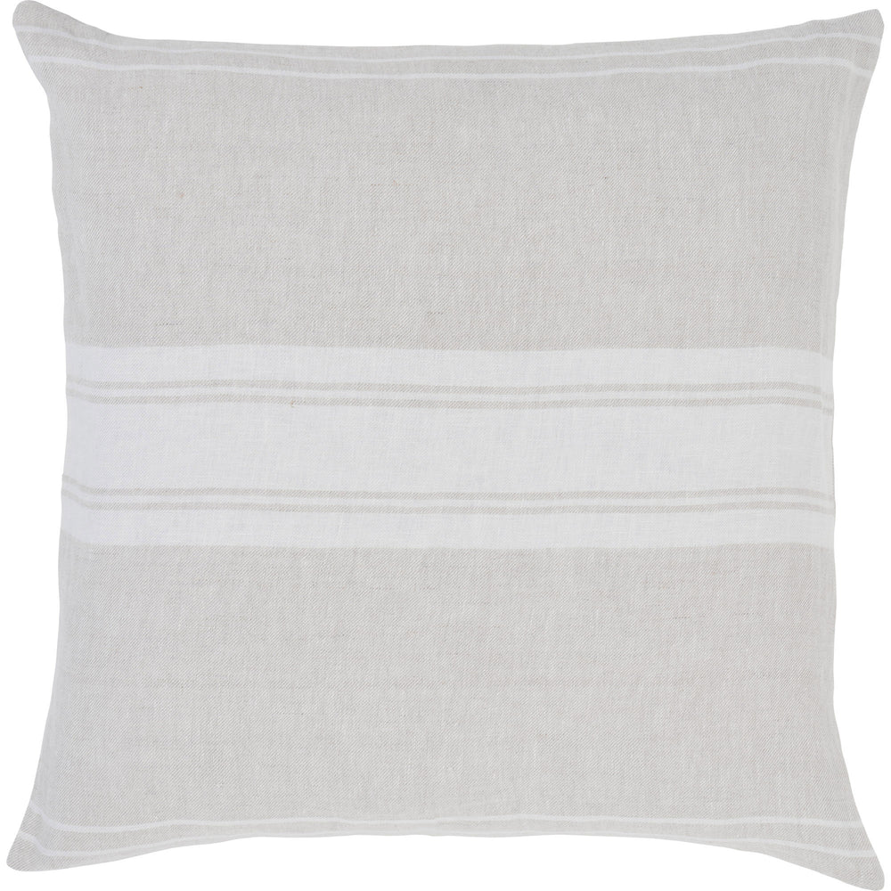 A square-shaped decorative pillow with a double-sided stripe pattern in natural and cream linen colors.