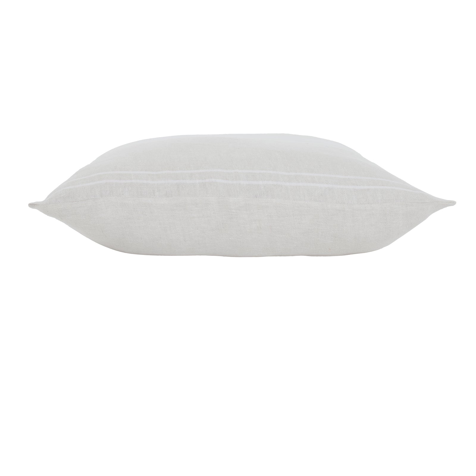 A square-shaped decorative pillow with a double-sided stripe pattern in natural and cream linen colors.