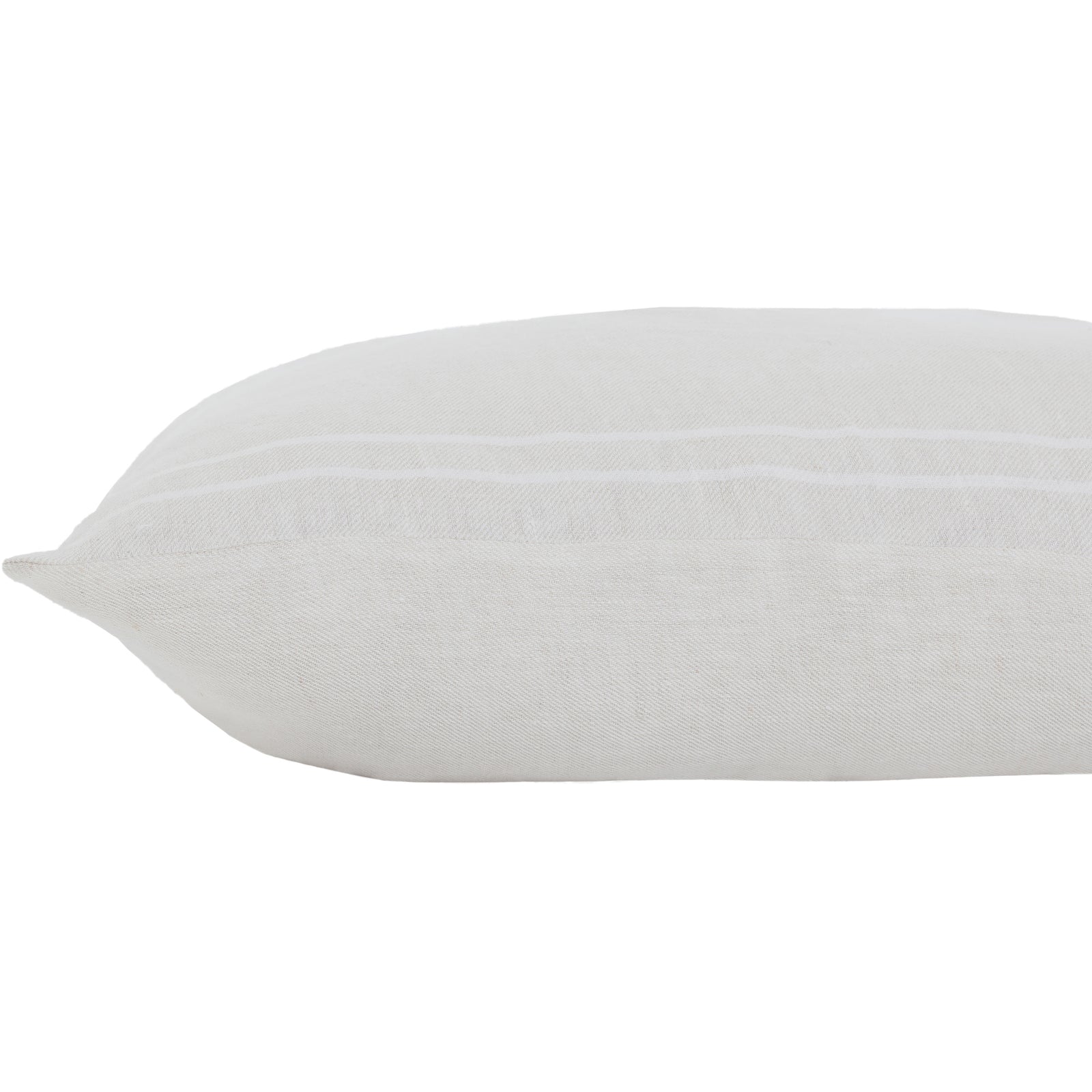 A square-shaped decorative pillow with a double-sided stripe pattern in natural and cream linen colors.
