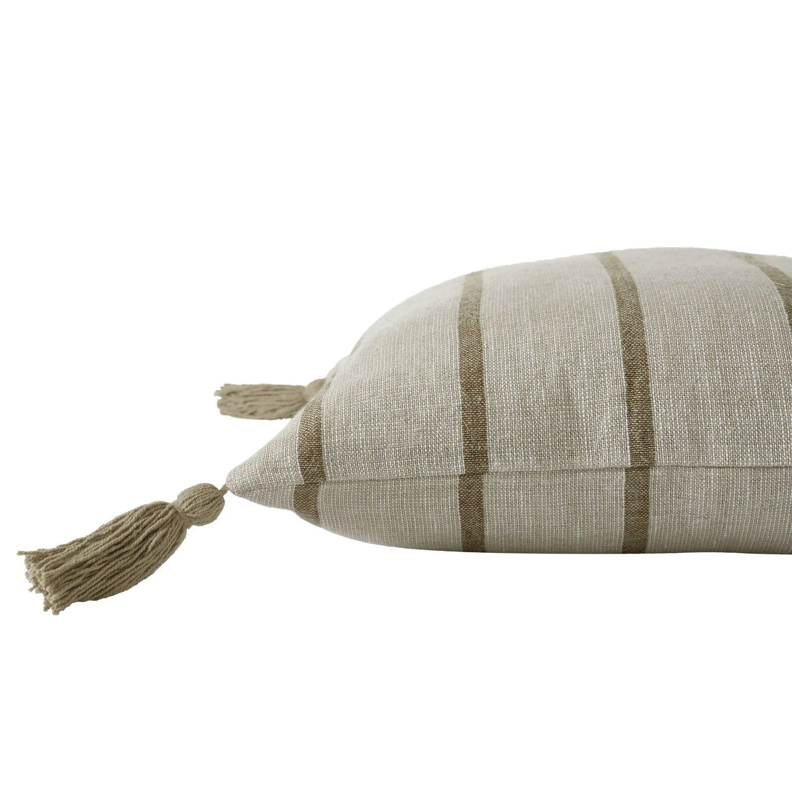 Decorative pillow with striped pattern and tassels on a white background