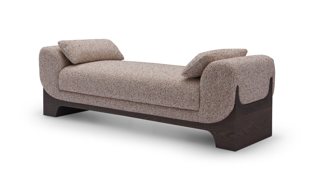 Beige fabric sofa with dark wooden legs on a white background