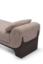 Beige fabric sofa with wooden legs on a white background