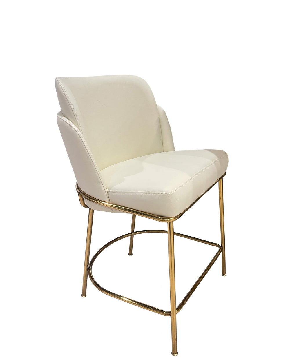 White chair with gold metal legs on a tiled floor