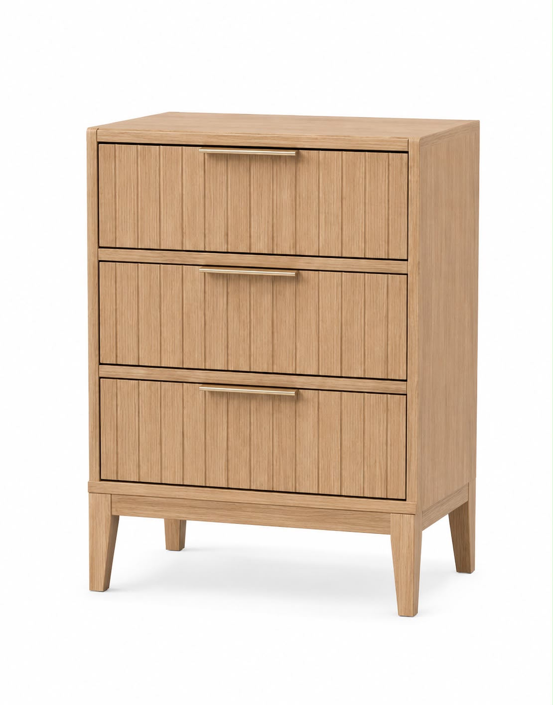 A three-drawer wooden nightstand with a light oak finish, featuring vertical slat panel fronts and slim metal bar handles, shown on a plain white background.