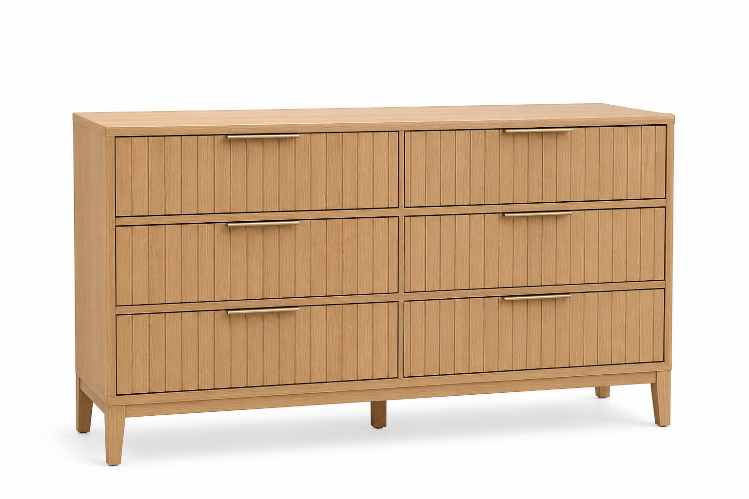 A mid-century modern six-drawer dresser in a light natural wood finish with vertical slat panel fronts and slim metal handles, shown on a plain white background.